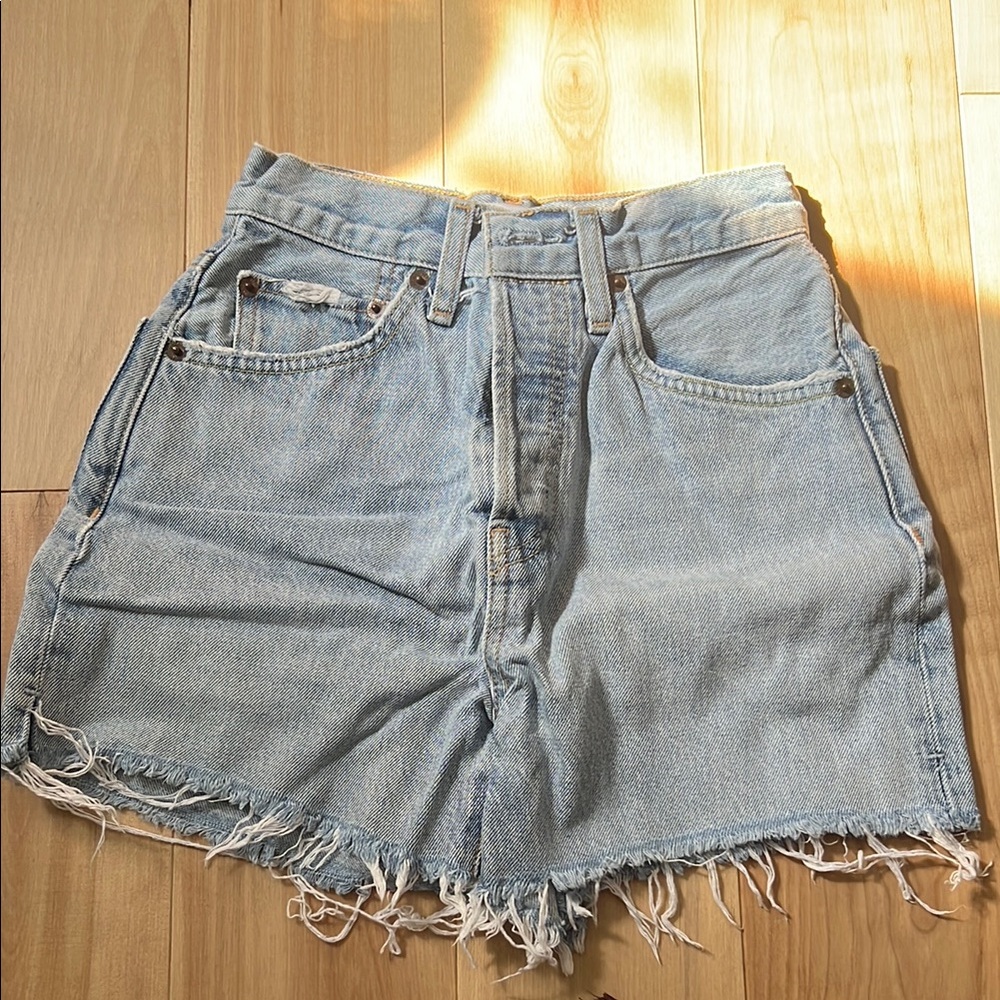 Re/Done Light Blue Frayed Jean Shorts